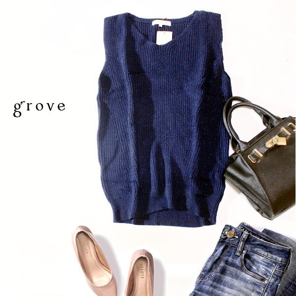 ☆☆ 未使用 (株)ワールド grove グローブ ☆☆ 可愛い ラメ ☆ コットン ニット ベスト M ネイビー_画像1