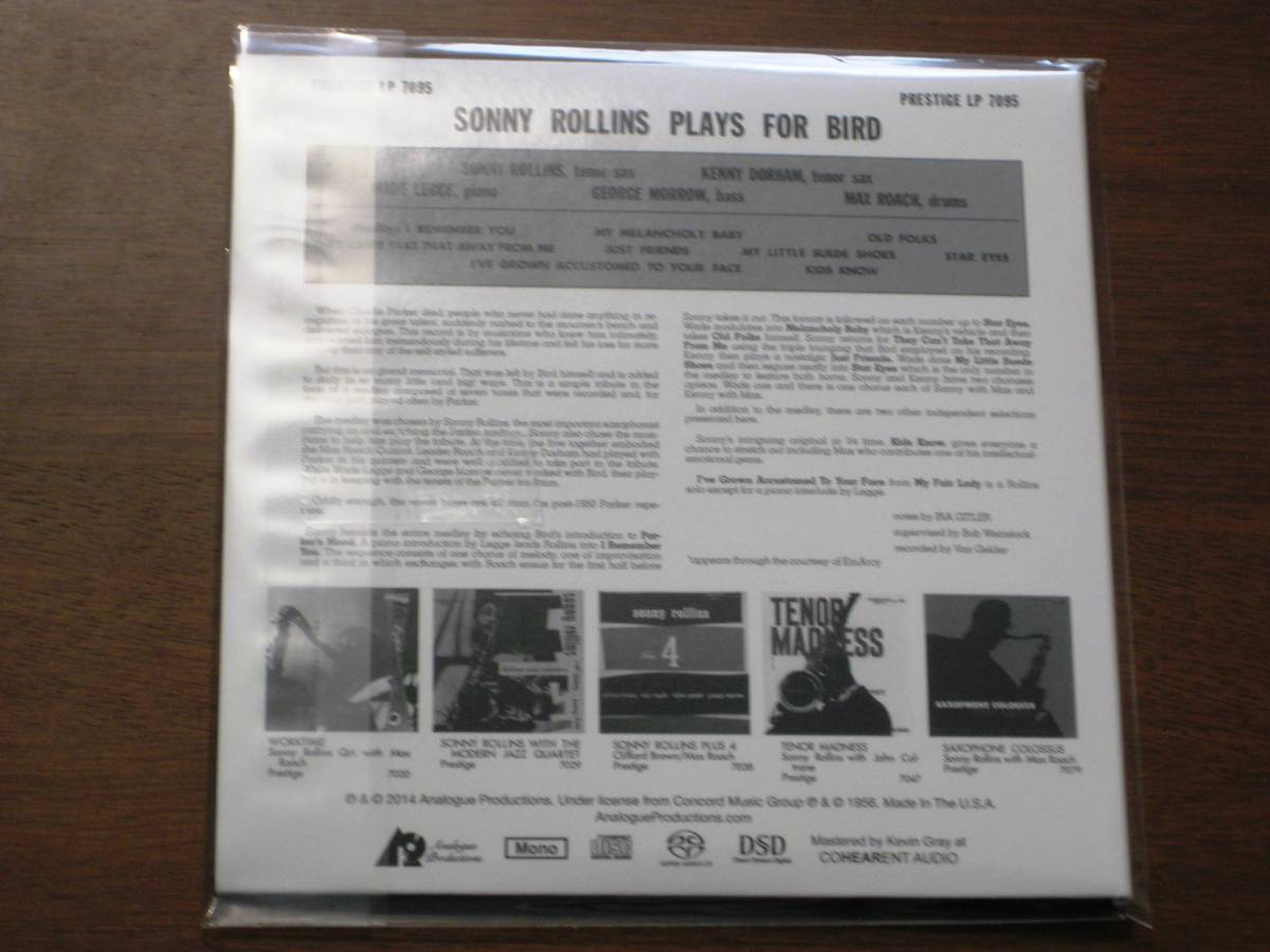 SONNY ROLLINS ソニー・ロリンズ/ ROLLINS PLAYS FOR BIRD 2012年発売 Analogue P社 Hybrid SACD 輸入盤_画像2