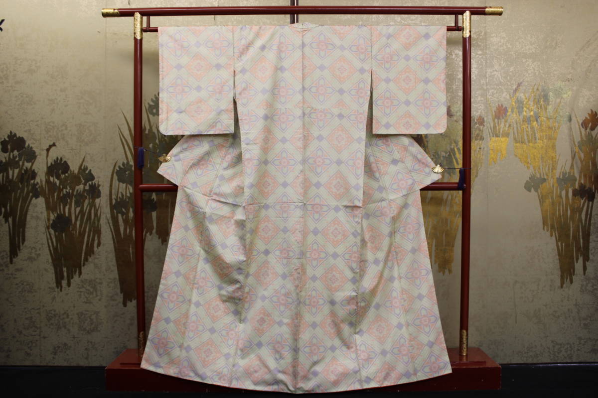  кимоно сейчас прошлое 5658 подлинный Ooshima эпонж кимоно белый Ooshima белый земля . наклонный ... 10 знак .. документ рисунок зеленый orange темно-синий цвет . длина 162cm