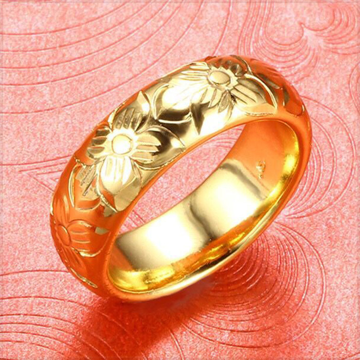 [RING] 24K Gold Plated エレガント レトロ フラワー 彫刻 模様 デザイン ピュア ゴールド カラー 甲丸 6mm リング 13号_画像5