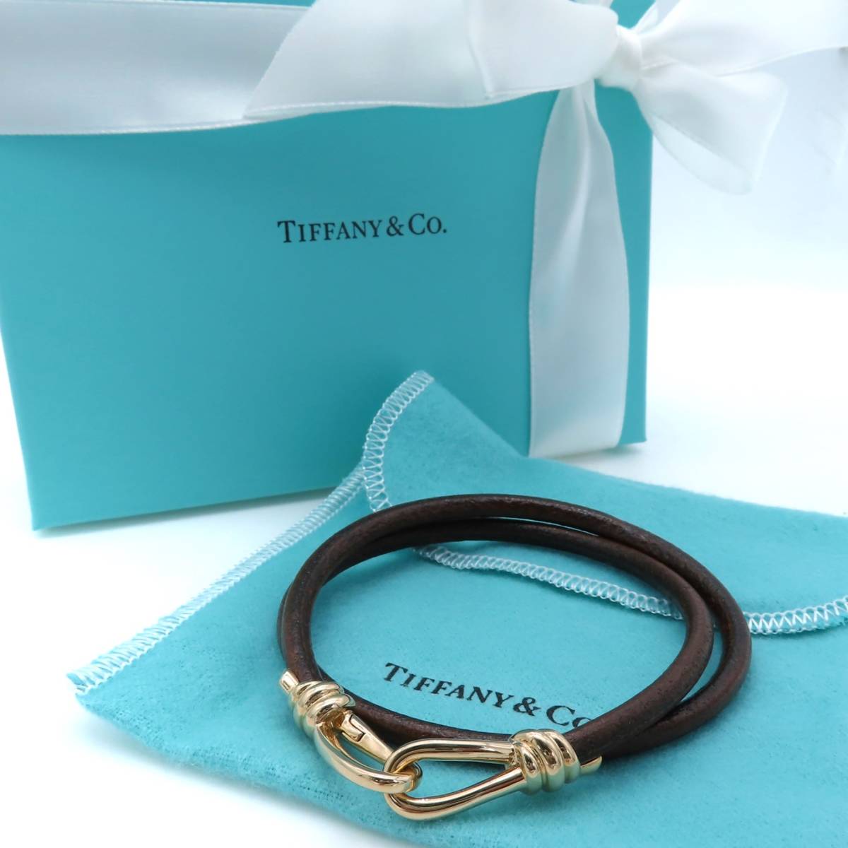 美品 Tiffany&Co. ティファニー ダブル ブレイド レザー ローズ ゴールド ノット メンズ 2重 ブレスレット 750 K18 WW72_画像1