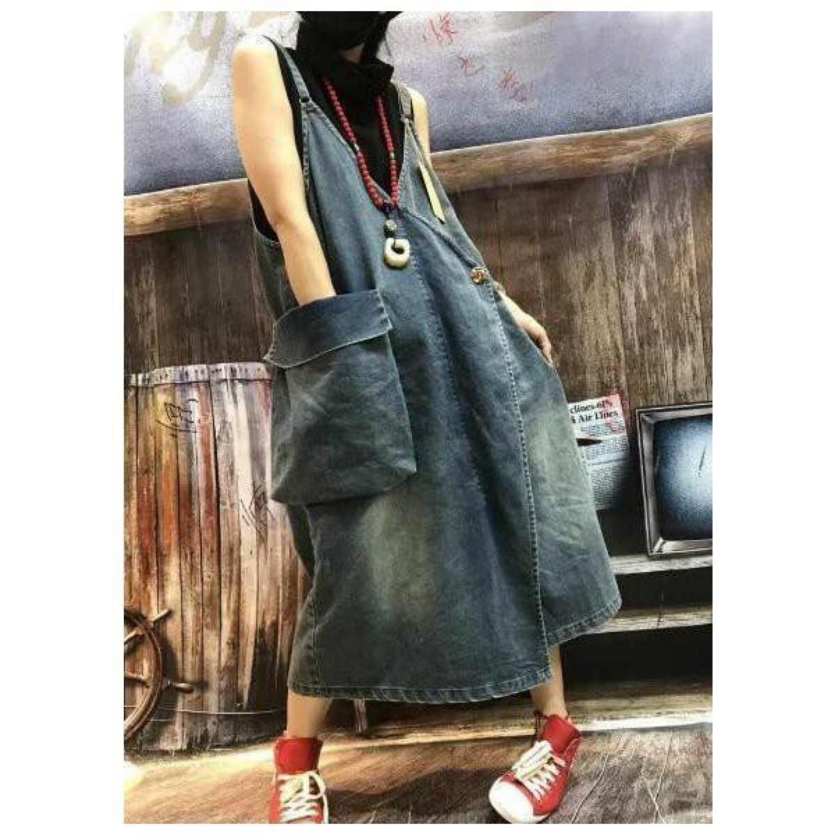 M デニム ロング ワンピース ジャンパースカート カシュクール