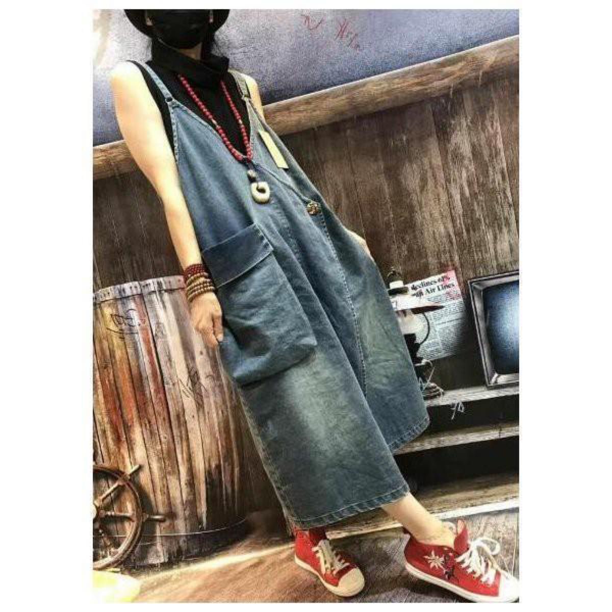 M デニム ロング ワンピース ジャンパースカート カシュクール