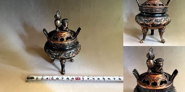 香炉□三つ足 獅子 銅製 透かし火屋 火器 灰器 古民具 古美術 時代物