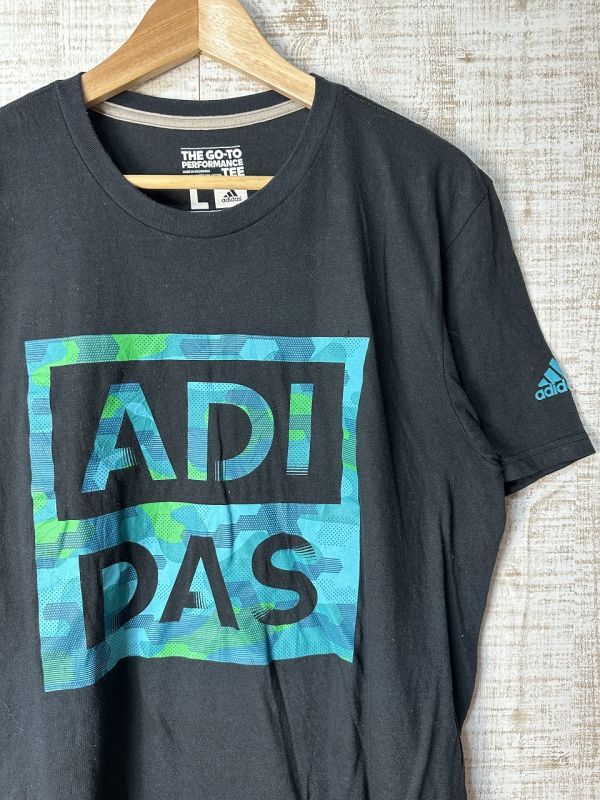 ☆US古着 adidas アディダス ドライ 速乾 スポーツ Tシャツ プリント ブラック黒 コットンポリ【L】　　◆3975◆_画像1