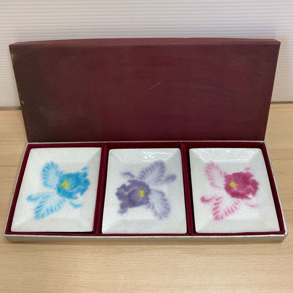 七宝焼 銘々皿 カトレア 3色セット 小皿 菓子皿 9.5cm×12cm 和食器 コレクション インテリア レトロ(5-2)の画像1