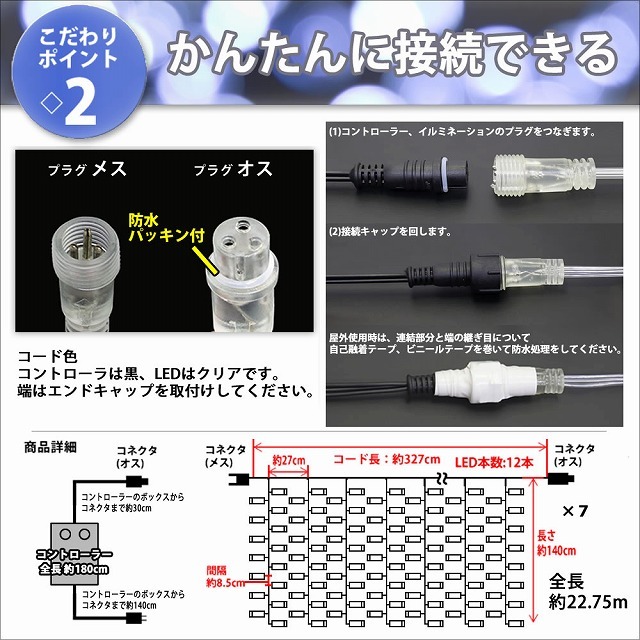 クリスマス イルミネーション 防滴 カーテン ライト ＬＥＤ ２２.７５ｍ １２６０球 ホワイト 白 ２８種点滅 Ｂコントローラセット_画像5