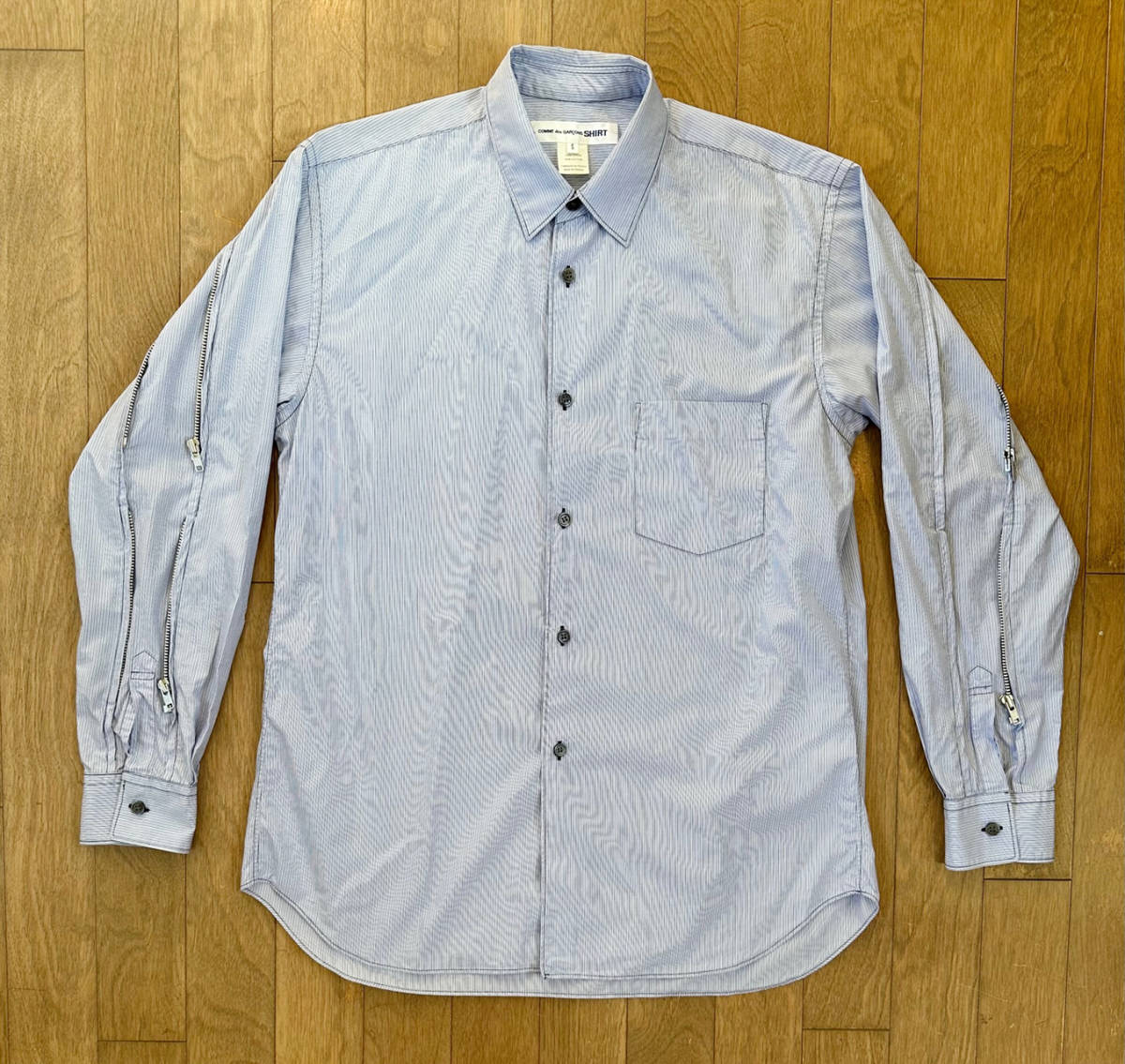 ■COMME des GARCONS SHIRT 美品 袖ボンテージ・ストライプ シャツ BLUE-S W17009 コムデギャルソン