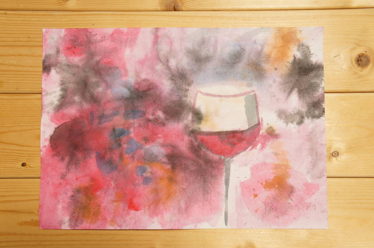 【ワイン】手描き 肉筆 水彩画 絵画 A4サイズ 645,watercolor painting, original art,ワイングラス_画像2