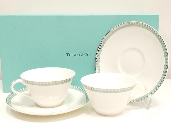 Tiffany&Co. ティファニー プラチナ ブルーバンド カップ&ソーサー ホワイト ブルー 2客セット ペア 店舗受取可