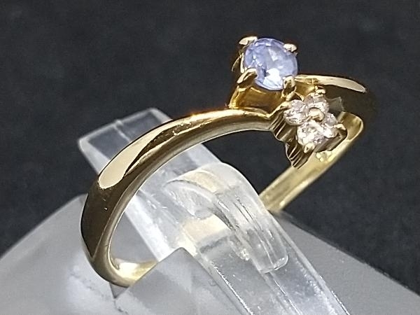 K18 18金 YG ブルー 青石 デザイン リング 指輪 イエローゴールド D0.04ct 2.0g #11 店舗受取可_画像2