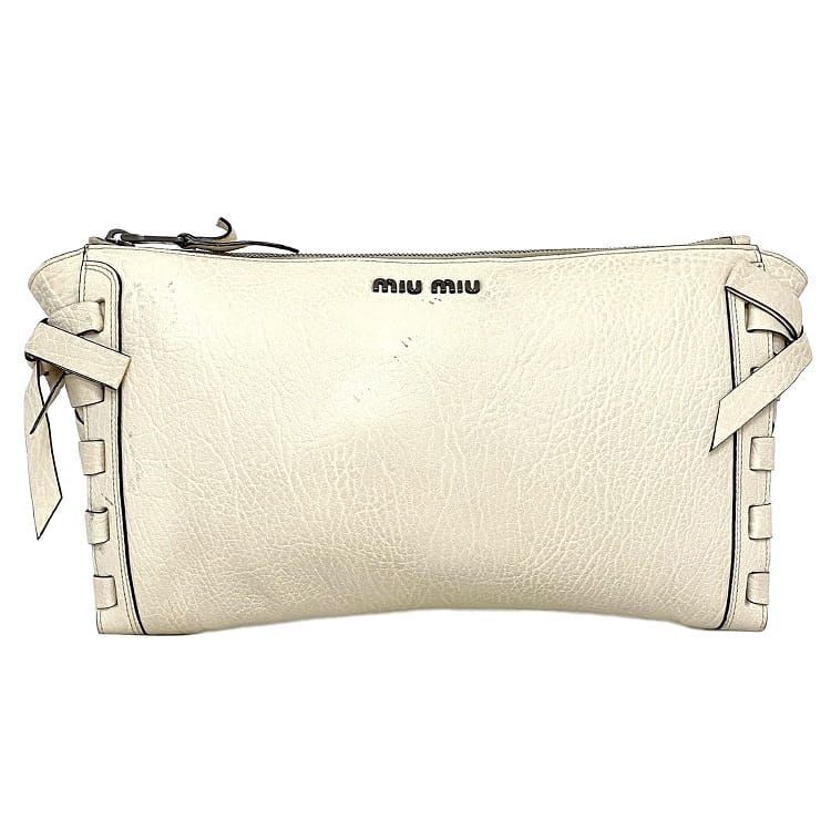 ミュウミュウ クラッチバッグ ホワイト サイドリボン ハンドバッグ レザー 中古 miu miu リボン ロゴ