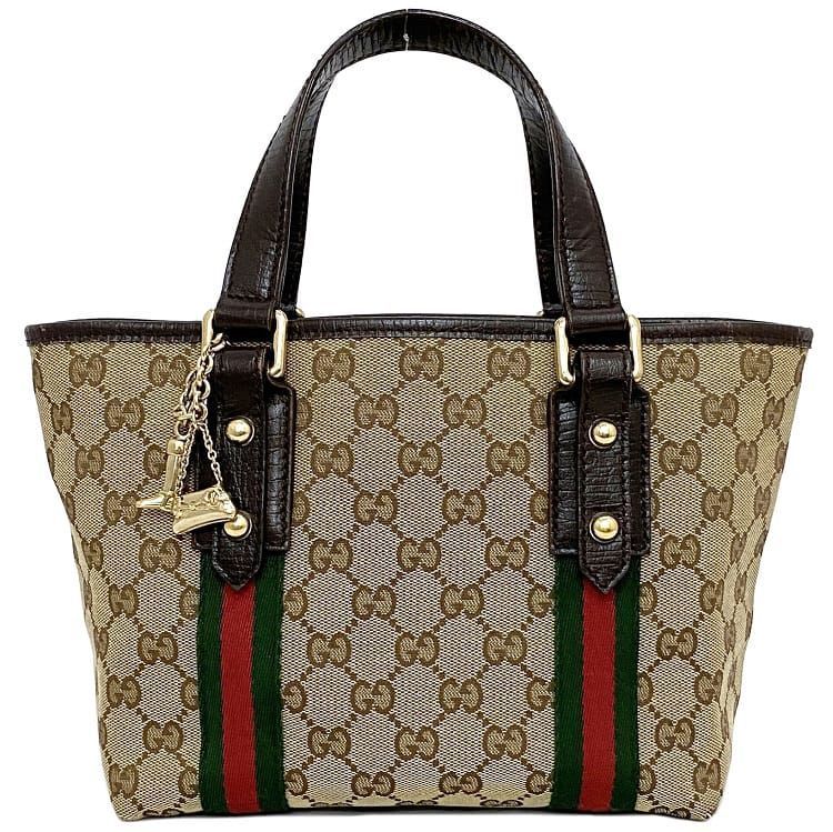 グッチ ハンドバッグ ベージュ ブラウン シェリー 139261 チャーム付 美品 キャンバス レザー 中古 GUCCI