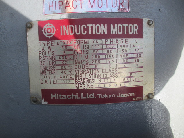 332) 日立 モーター 55kw×6P シャフト 75パイ、キー巾 20mm 332) 日立 モーター 55kw×6P シャフト 75パイ、キー巾 20mm