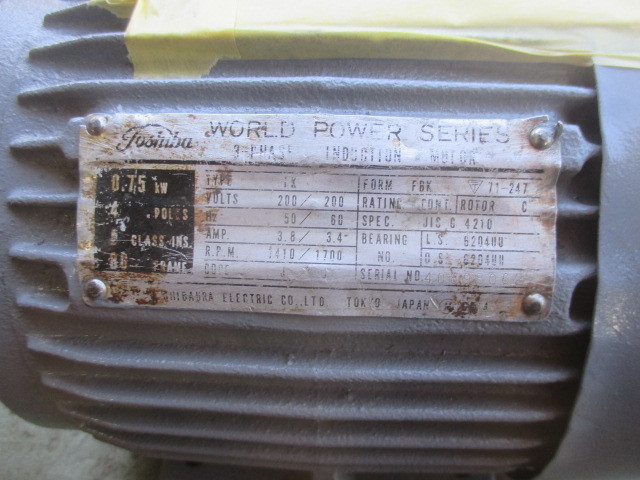 335) 東芝 モーター 0.75kw×4P シャフト 19パイ、キー巾 5mm 335) 東芝 モーター 0.75kw×4P シャフト 19パイ、キー巾 5mm