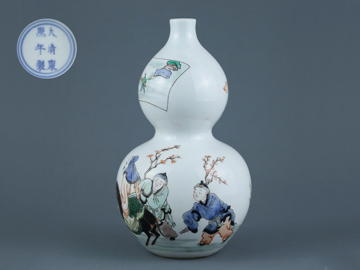 ◇御泓軒◇『清・康熙年製款・古陶磁器・五彩人物図瓢箪瓶・箱付』極細