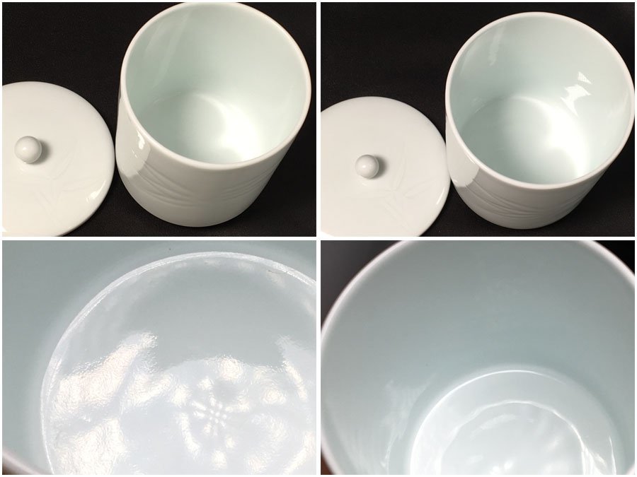 未使用品人間国宝井上萬二作湯呑夫婦湯呑ペアカップ2客白磁彫文陶磁器