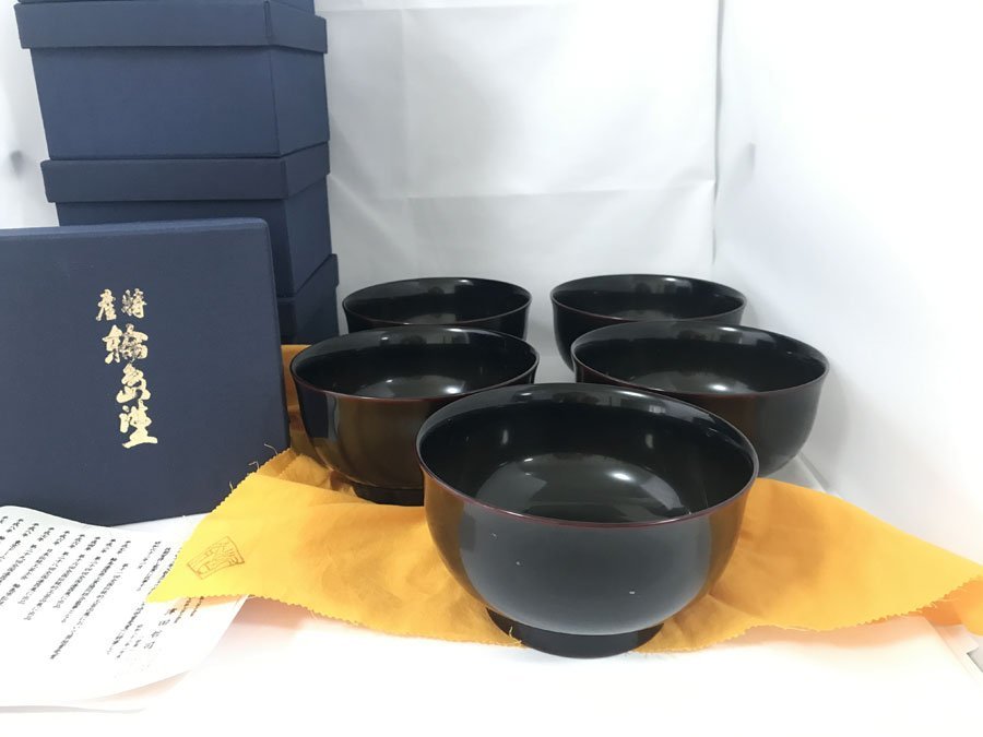 ☆中古☆輪島塗 伝統工芸士 津田哲司 お椀 ５客セット 天然木 漆器