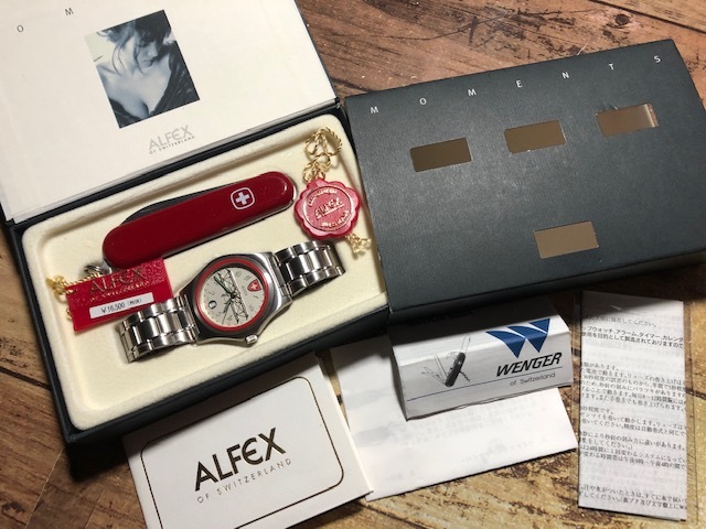 レア 美品 付属品付 ナイフ セット ALFEX アルフェックス WENGER SWISS MADE デイト シルバー系文字盤 クオーツ メンズ 腕時計