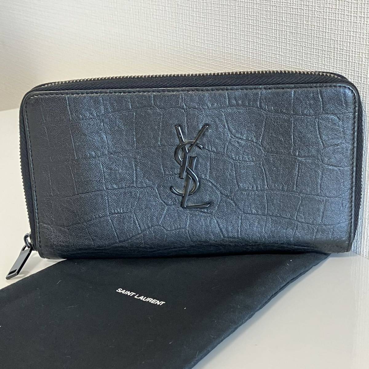 YSL イヴ・サンローラン クロコ型押し 長財布 ブラック 黒