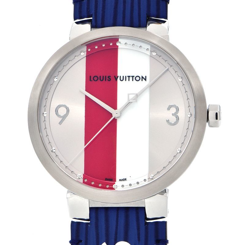 [3年保証] ルイヴィトン メンズ タンブールスリム Q1D02 キムジョーンズ レッド ホワイト シルバー ブルー クオーツ 腕時計 中古 送料無料