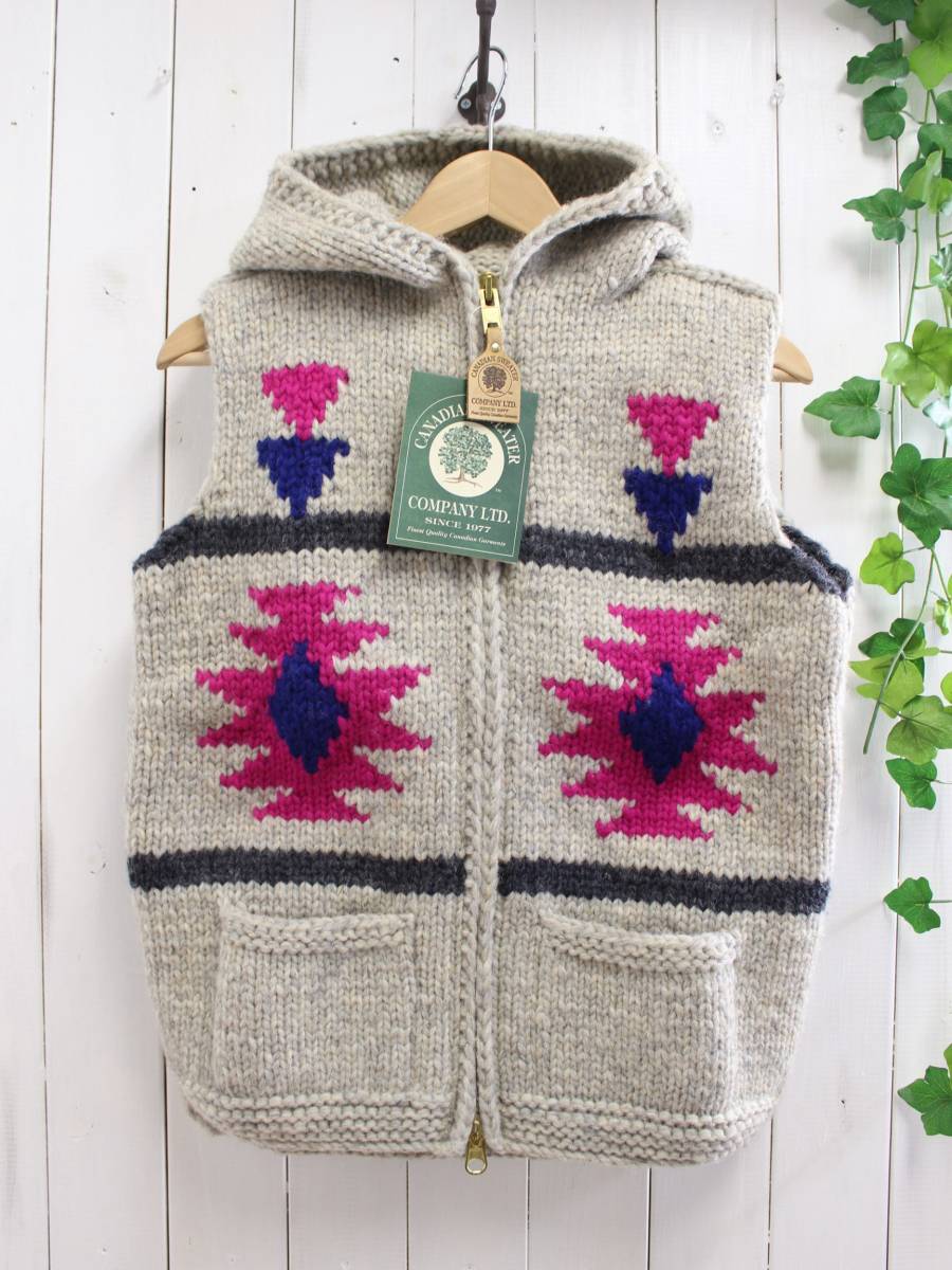 新品◆CANADIAN SWEATER カナディアンセーター◆カウチンセーター フード付き ジップ ニットベスト 38 定価48,000円_画像1