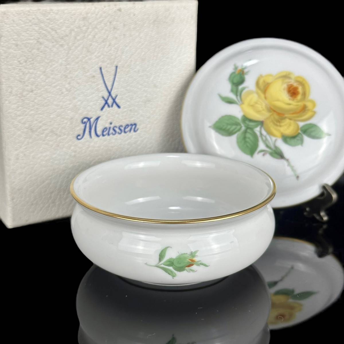 レア ★未使用★ Meissen マイセン イエローローズ ボンボニエール バラ 黄色 小物入れ 蓋 金彩 薔薇 箱付き 希少 1級品