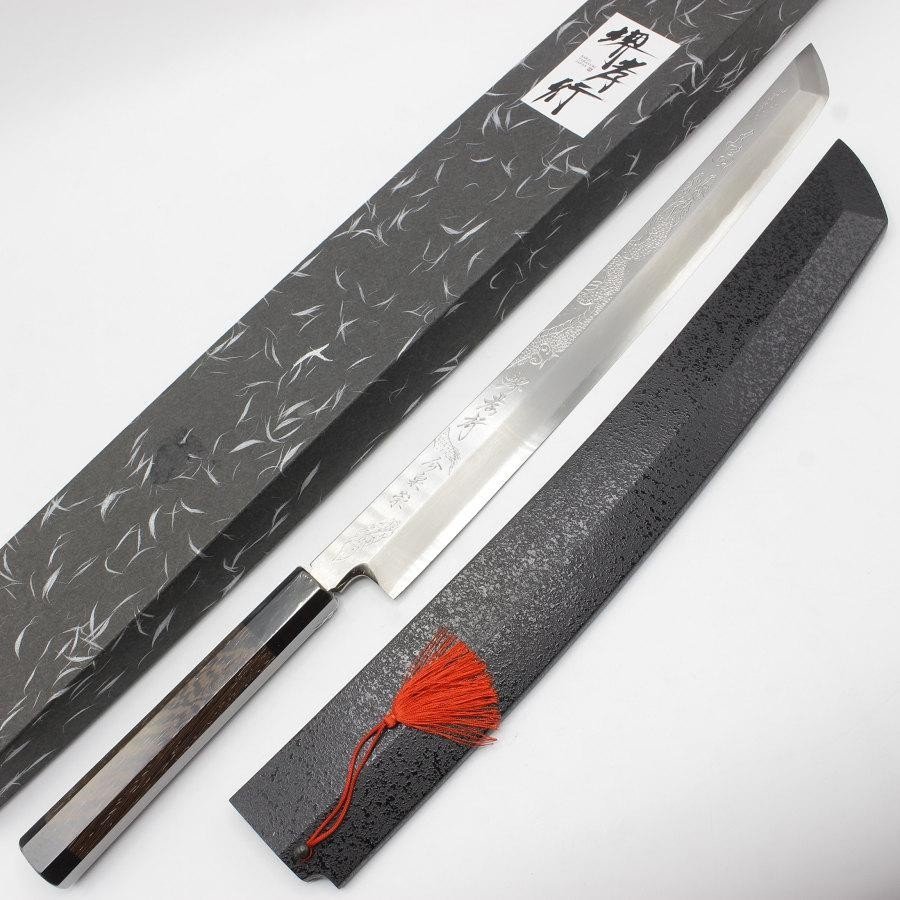 【新品】堺孝行 斬月 銀三鋼 先丸柳刃包丁 尺二 八角黒檀柄 刃渡り約360mm 和包丁 柳包丁