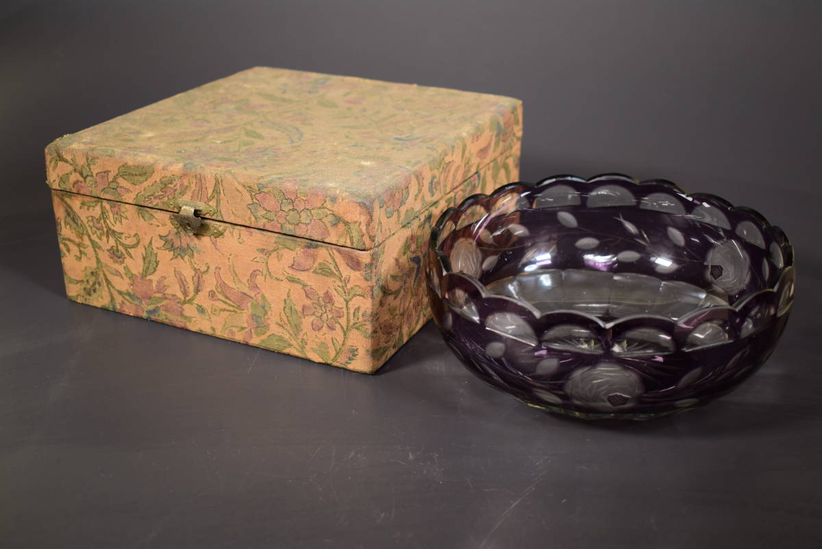 【和】(6686)　戦前　大正頃　紫切子花文鉢　菓子器　茶道具