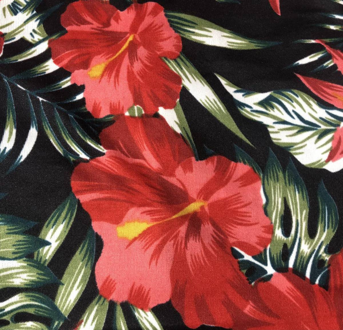 ■ OKINAWA ISLAND WEAR ■ かりゆしウェア ハイビスカス 総柄 オープンカラー 半袖 アロハシャツ ブラック×レッド×グリーン L_画像4