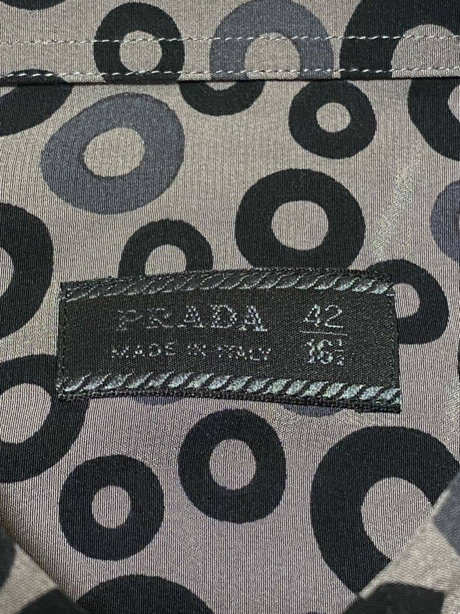  Prada Japan стандартный товар # PRADA Prada # retro точка рисунок длинный рукав искусственный шелк кнопка рубашка серый серия 42 16 1/2