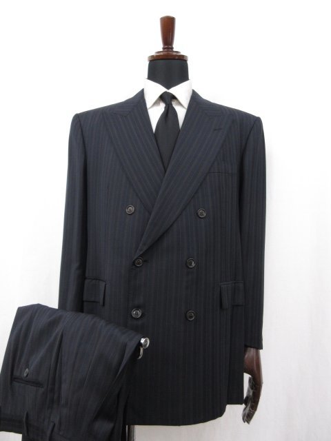 HH 【ブリオーニ Brioni】 ウール100％ ダブル6ボタン 濃紺 スーツ (メンズ) size52C ネイビー ストライプ 伊製 ●27HR2774_画像1
