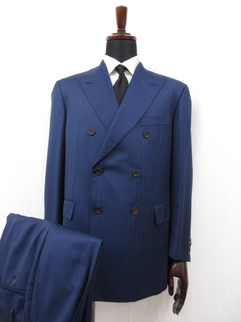 超美品 【ブリオーニ Brioni】 PARTENONE 裏地シルク ダブル6ボタン スーツ (メンズ) 52~54相当 ネイビー系 ストライプ 伊製 ●27HR2773_画像1