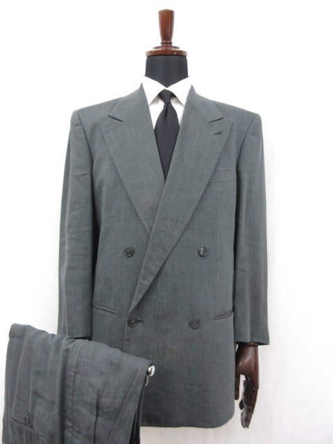 【ジョルジオアルマーニ GIORGIO ARMANI】 リネン混 ダブル4ボタン スーツ (メンズ) size38R グレー系 無地 イタリア製 ●27RMS6088