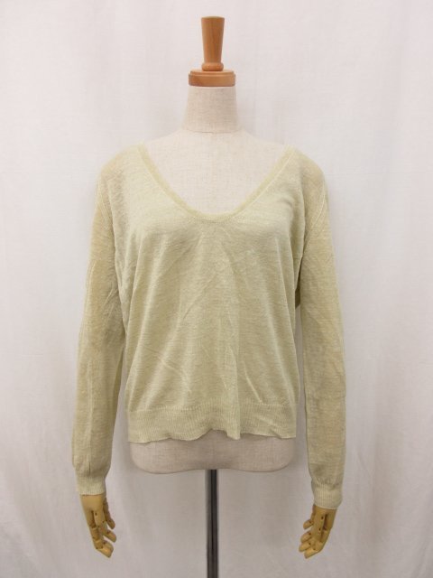 HH超美品【Drawer ドゥロワー】 リネン×シルク 深めVネック シアー ニット 6513-106-0262 (レディース) size1 ライトベージュ系 ●5LN4983