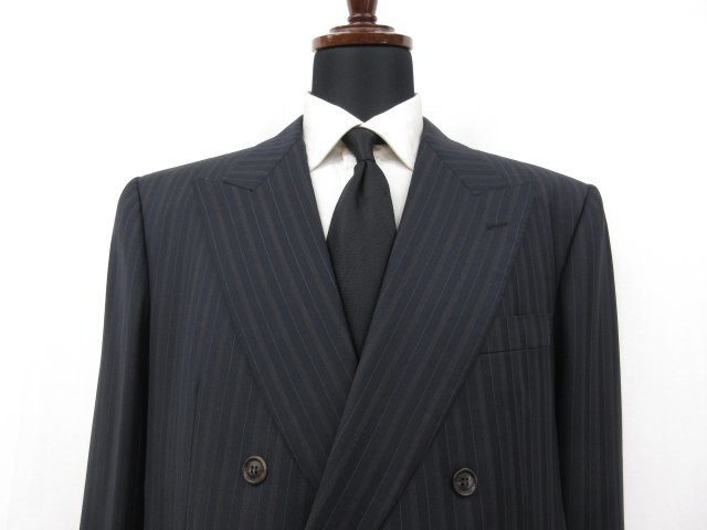 HH 【ブリオーニ Brioni】 ウール100％ ダブル6ボタン 濃紺 スーツ (メンズ) size52C ネイビー ストライプ 伊製 ●27HR2774_画像2