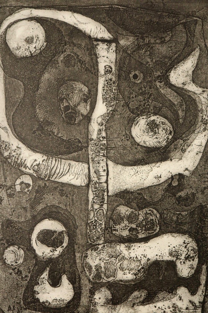 真作 内海柳子 1966年銅版画「夜道」画 18×23cm 大阪府出身 デモクラート美術家協会 ウィリアム・ヘイターに師事 銅版画の表現を追求 7783_画像3