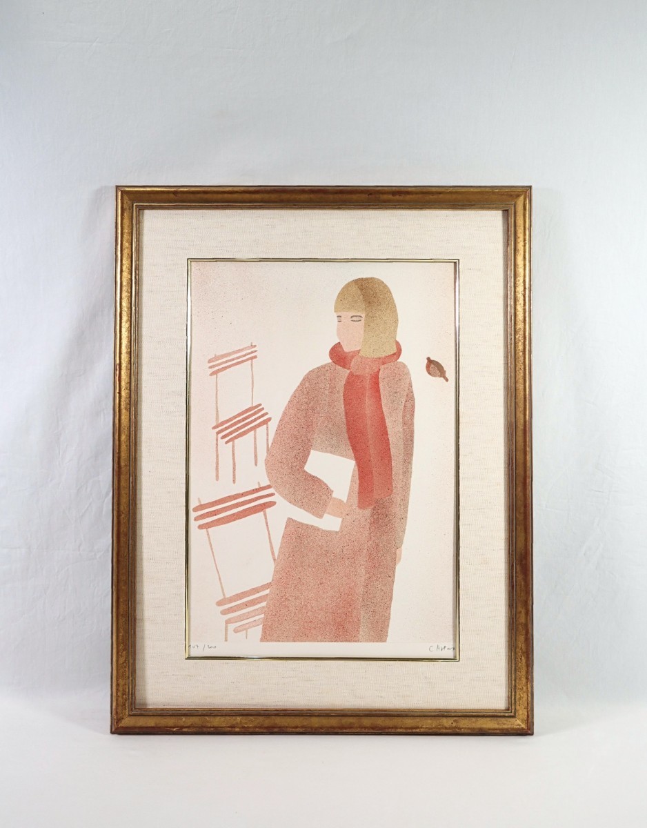 真作 クレール・アステックス リトグラフ「赤いマフラーの女」画寸 39cm×55cm オランダ人作家 暮しの手帖表紙で著名 淡い色彩の作風 7866