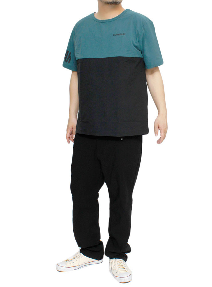 【新品】 4L グリーン コンバース CONVERSE 半袖 Tシャツ メンズ 大きいサイズ ナイロン 撥水加工 ストレッチ ロゴ プリント バイカラー ク_画像2