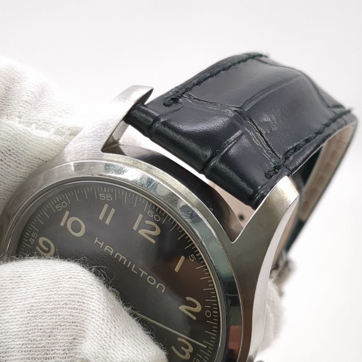 特価 レザー 箱付 コブラ針 42mm 腕時計 自動巻き H706050 カーキ