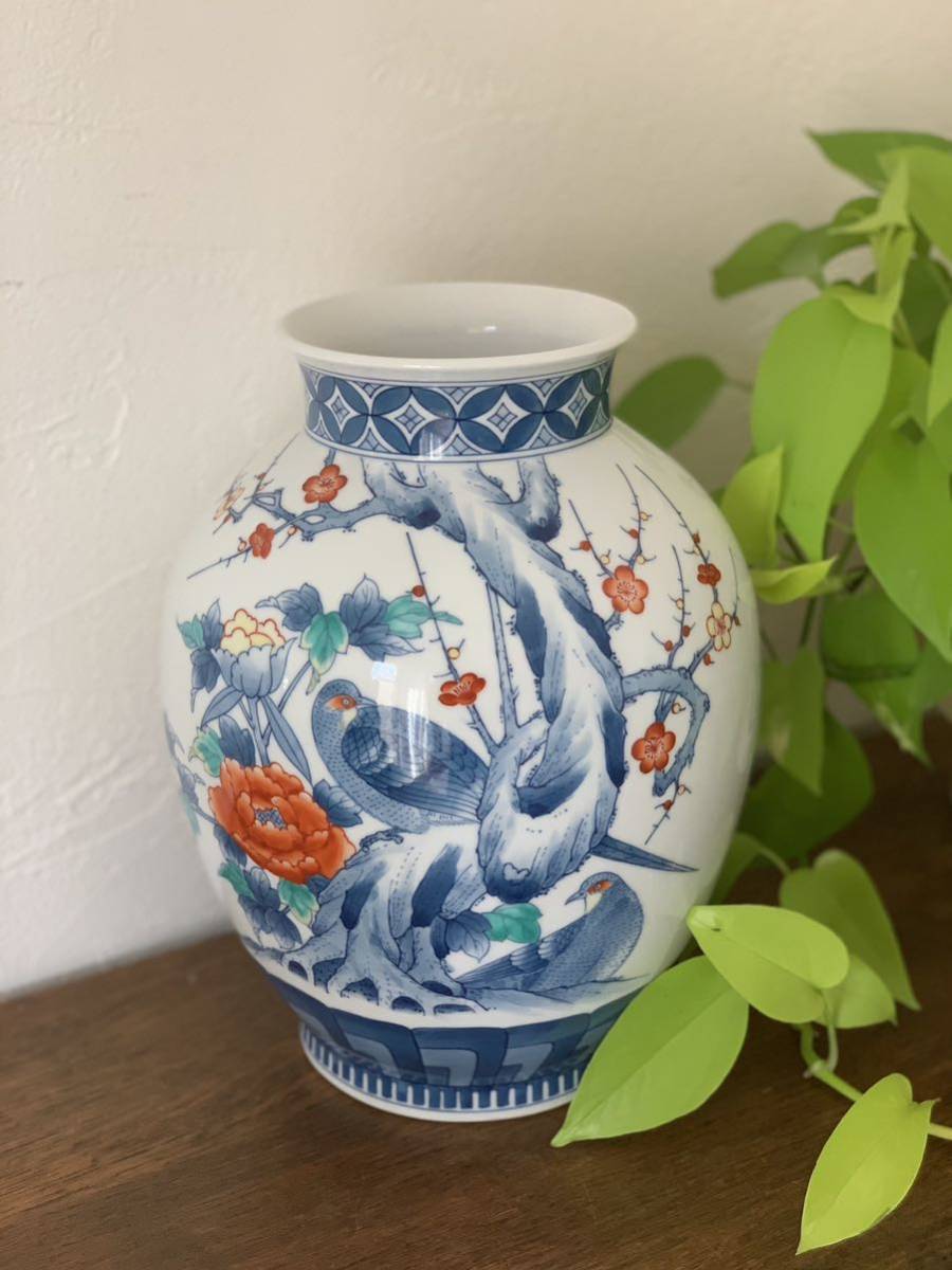 最新エルメス 美品　伊万里焼　花瓶　手描き　フラワーベース 花瓶