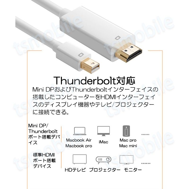 MiniDP to HDMI 4K 変換ケーブル 1.8ｍ 白色 アダプター Mini DisplayPort オス 