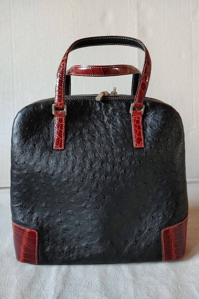 中古 本革 高級 オーストリッチ バッグ 黒x茶 CENTRO LARO 保存袋付きの画像1