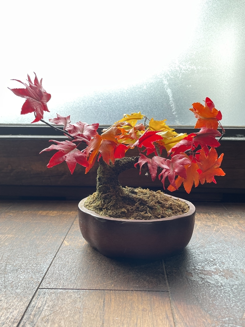 ビンテージ 盆栽 紅葉 もみじ 造花 陶器製 鉢 飾り 置物 インテリア コレクション 花 Aa637_画像2