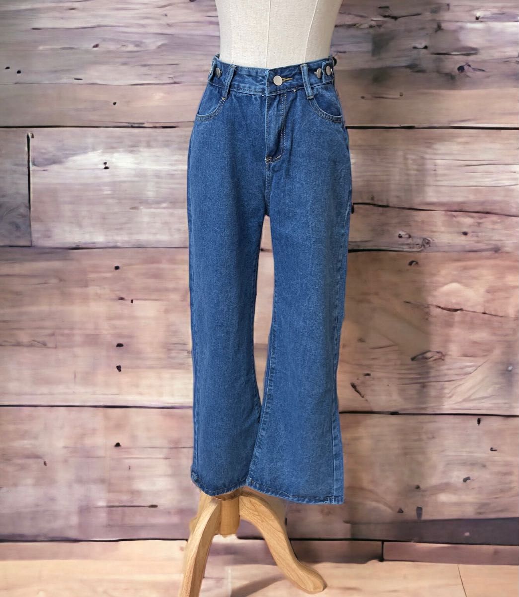 Mデニムパンツ DENIM インディゴ ハイウエストストレートワイド バギー ジーンズ バックル 細見え足長