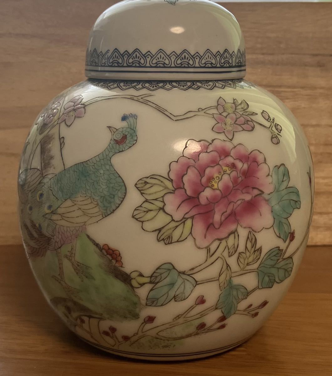 中国美術 景徳鎮製 鳥 牡丹絵茶器 茶入 木箱 茶道具_画像1