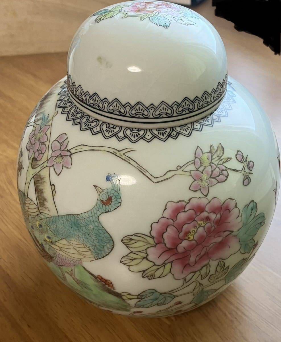 中国美術 景徳鎮製 鳥 牡丹絵茶器 茶入 木箱 茶道具_画像2
