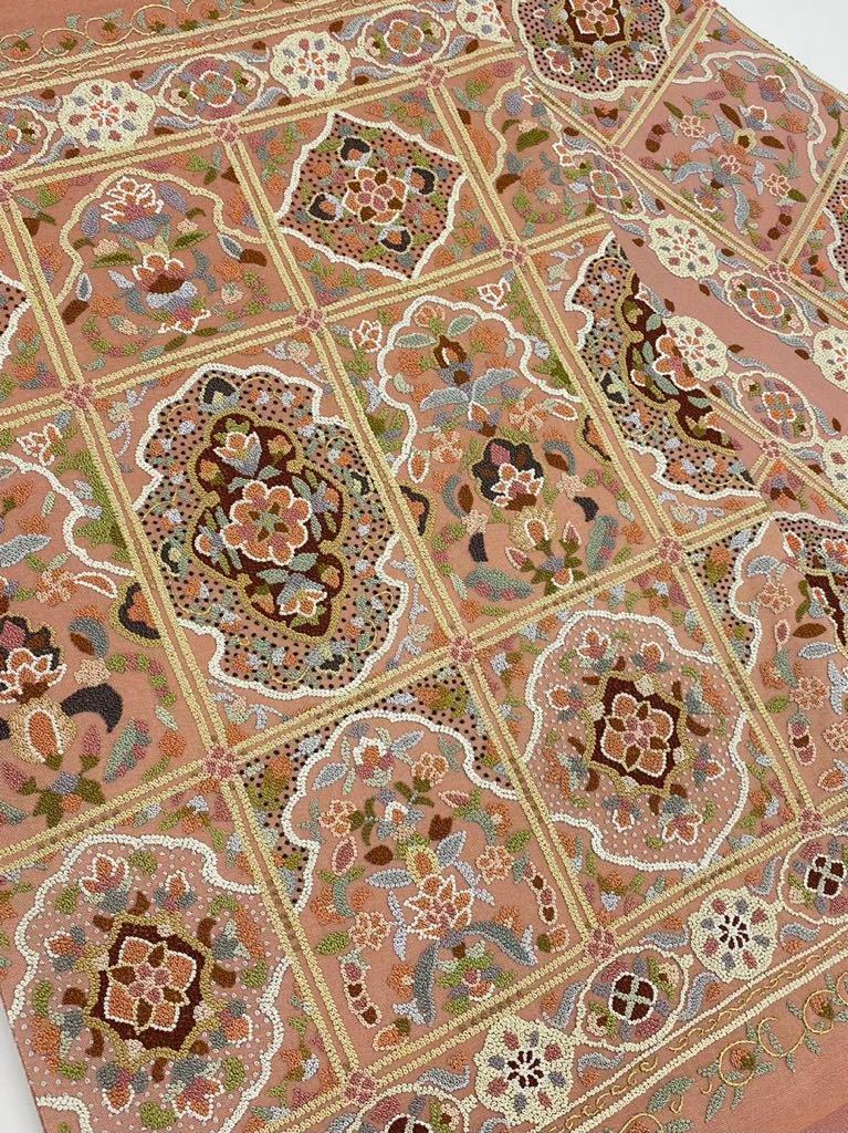 総相良刺繍 袋帯 天井格子文様 唐花文様 花文様 金糸 正絹 お太鼓柄