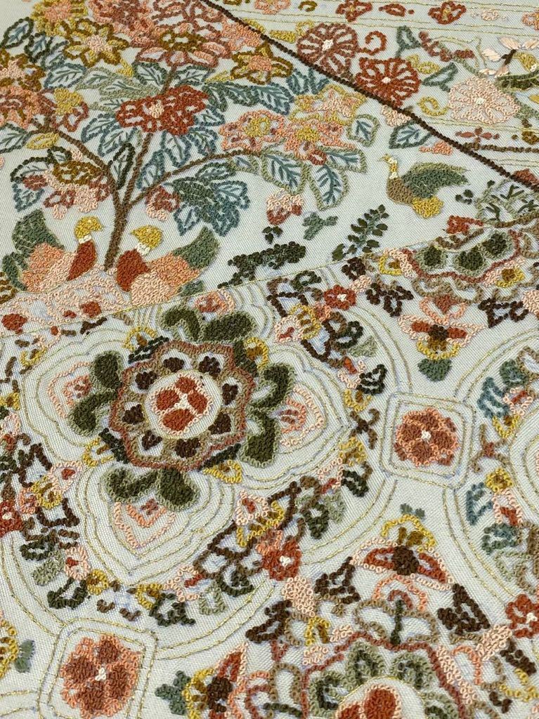 総相良刺繍 明綴れ地 袋帯 鳥 華紋 花文様 唐花文様 金糸 反物 正絹