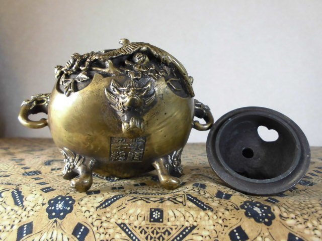 骨董天国珍品！！獅子香炉（茶・3） 金属工芸